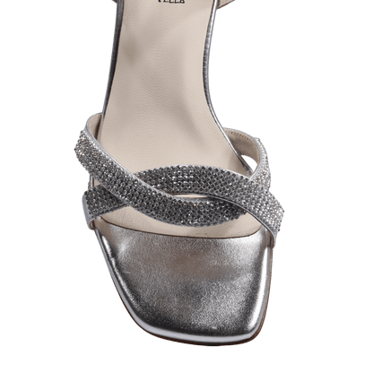 Ladies genuine leather block heel in silver with diamante/diamond finishings with adjustable ankle strap made in Italy exclusively for Aliverti (LUF1607MARG)