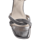 Ladies genuine leather block heel in silver with diamante/diamond finishings with adjustable ankle strap made in Italy exclusively for Aliverti (LUF1607MARG)