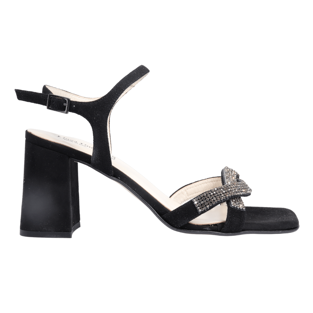 Ladies genuine suede leather block heel in black with diamante/diamond finishings with adjustable ankle strap made in Italy exclusively for Aliverti (LUF1607SNER)
