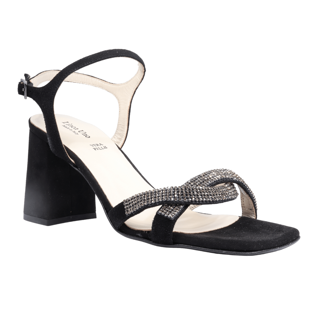 Ladies genuine suede leather block heel in black with diamante/diamond finishings with adjustable ankle strap made in Italy exclusively for Aliverti (LUF1607SNER)