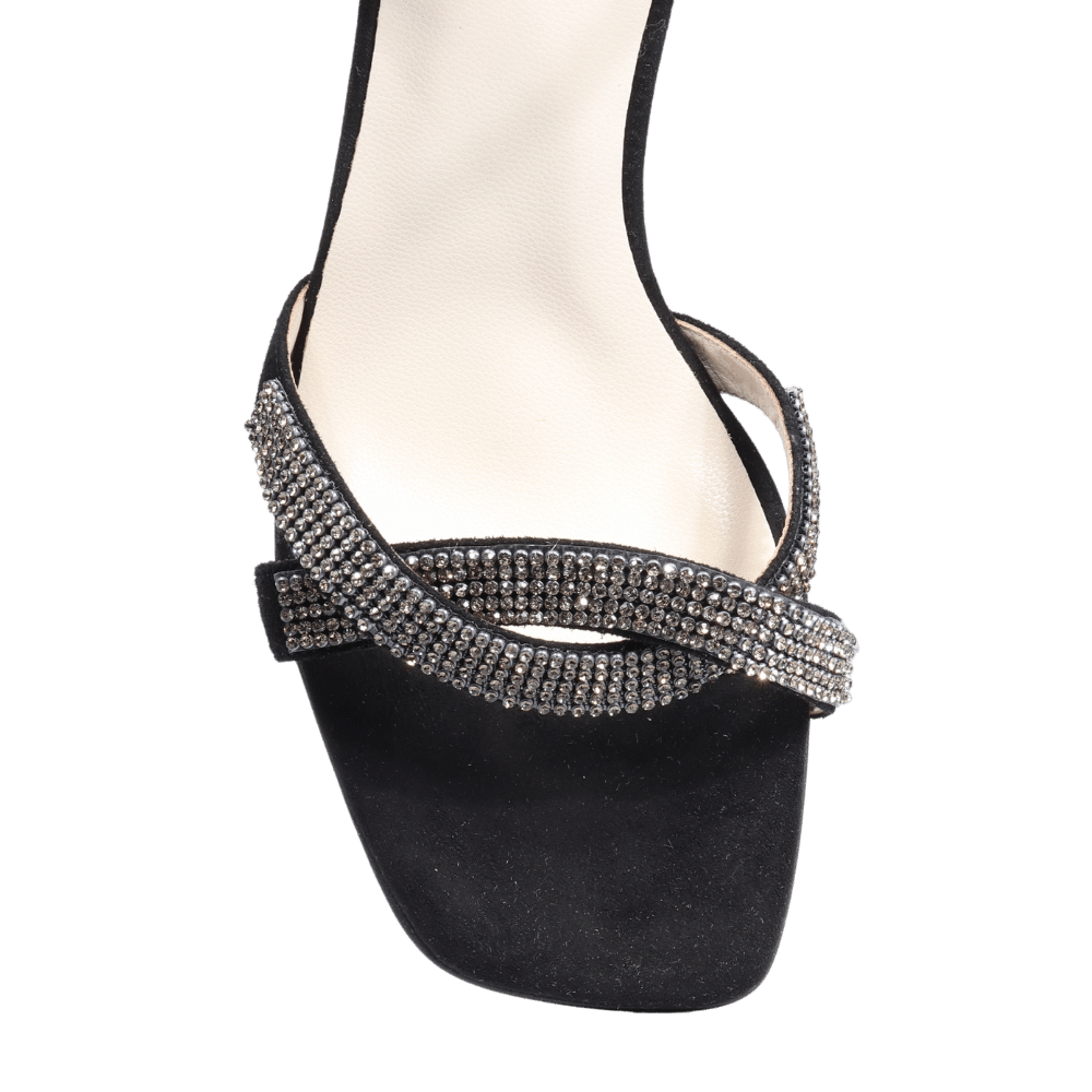 Ladies genuine suede leather block heel in black with diamante/diamond finishings with adjustable ankle strap made in Italy exclusively for Aliverti (LUF1607SNER)