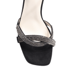 Ladies genuine suede leather block heel in black with diamante/diamond finishings with adjustable ankle strap made in Italy exclusively for Aliverti (LUF1607SNER)