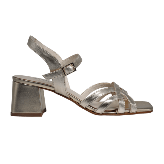 Ladies genuine leather block heel in silver with adjustable ankle strap made in Italy exclusively for Aliverti (LUA2078MPLA)