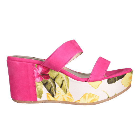 Ladies Wedge Sandal - Leather Suede Fuxia and Fabric Floral - MDC603