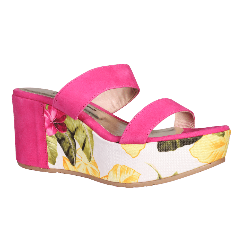 Ladies Wedge Sandal - Leather Suede Fuxia and Fabric Floral - MDC603