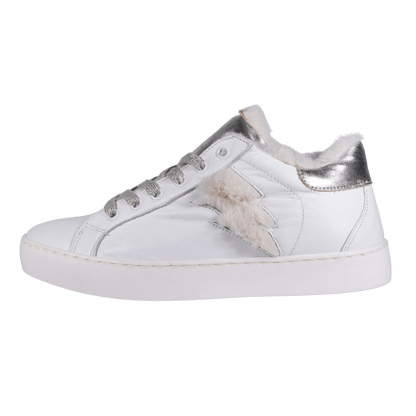 Ladies Sneakers - Leather White and Laminated Silver and Fur - TWCORTINA