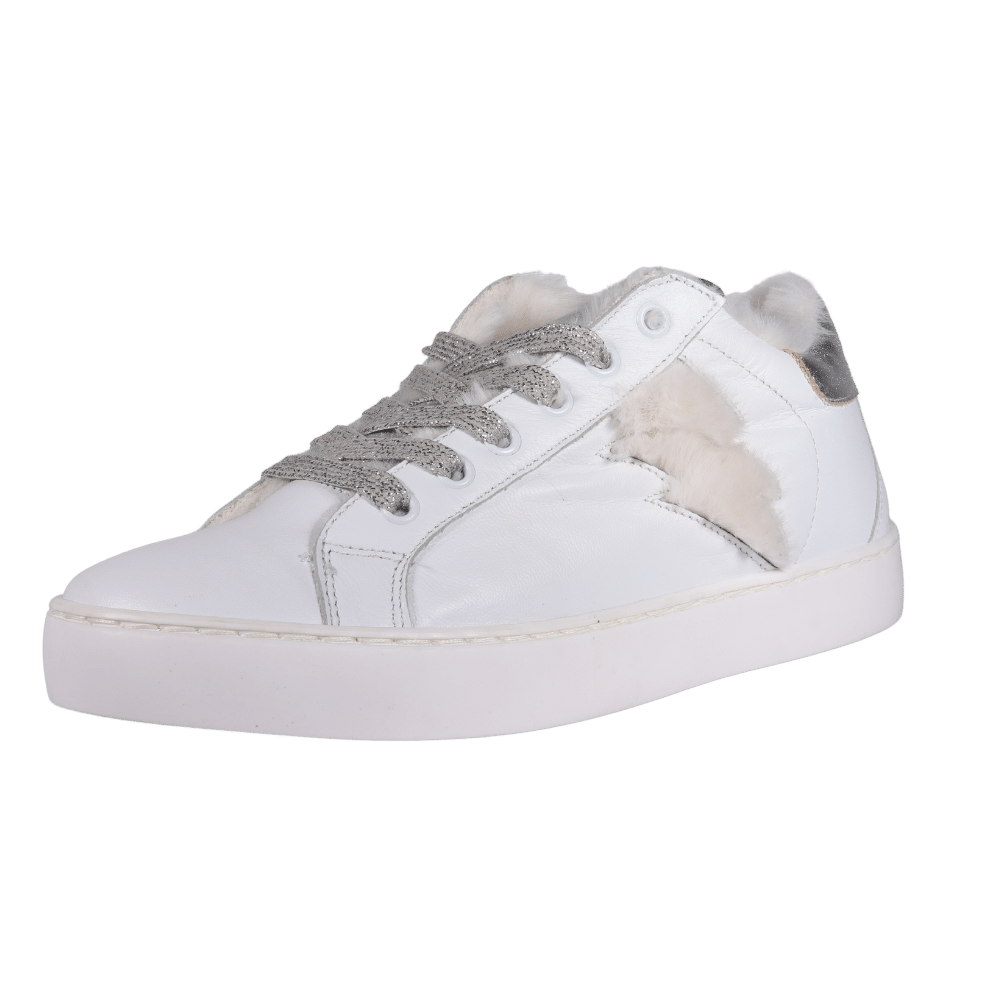 Ladies Sneakers - Leather White and Laminated Silver and Fur - TWCORTINA