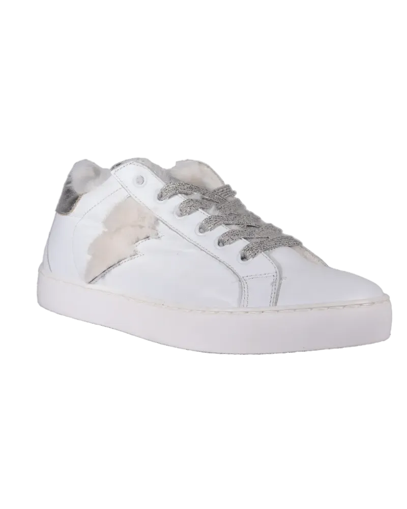 Women's Sneaker in White Leather with Silver and Fur (TWCORTINA)