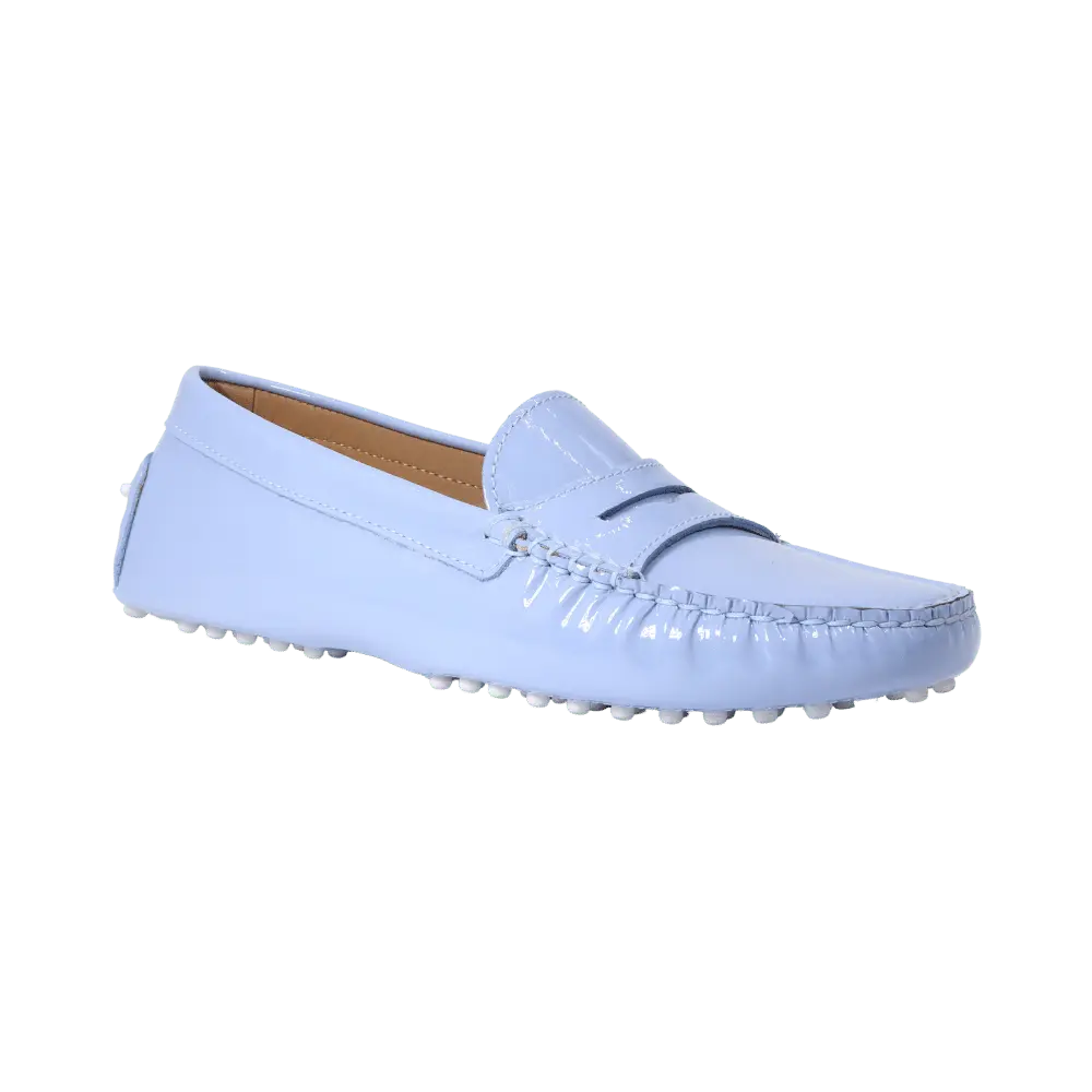Leather Patent Driver Moccasin in Celeste (ALD040)