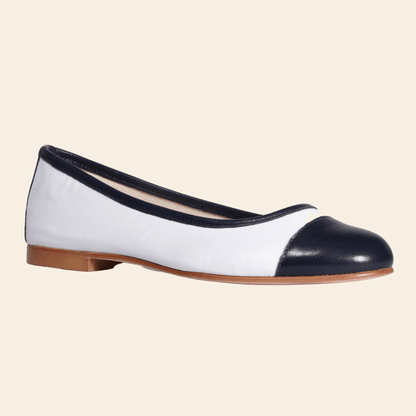 Ladies Italian Genuine Leather Classic Two-Tone Ballerina Pump in Bianco & Navy by Aliverti