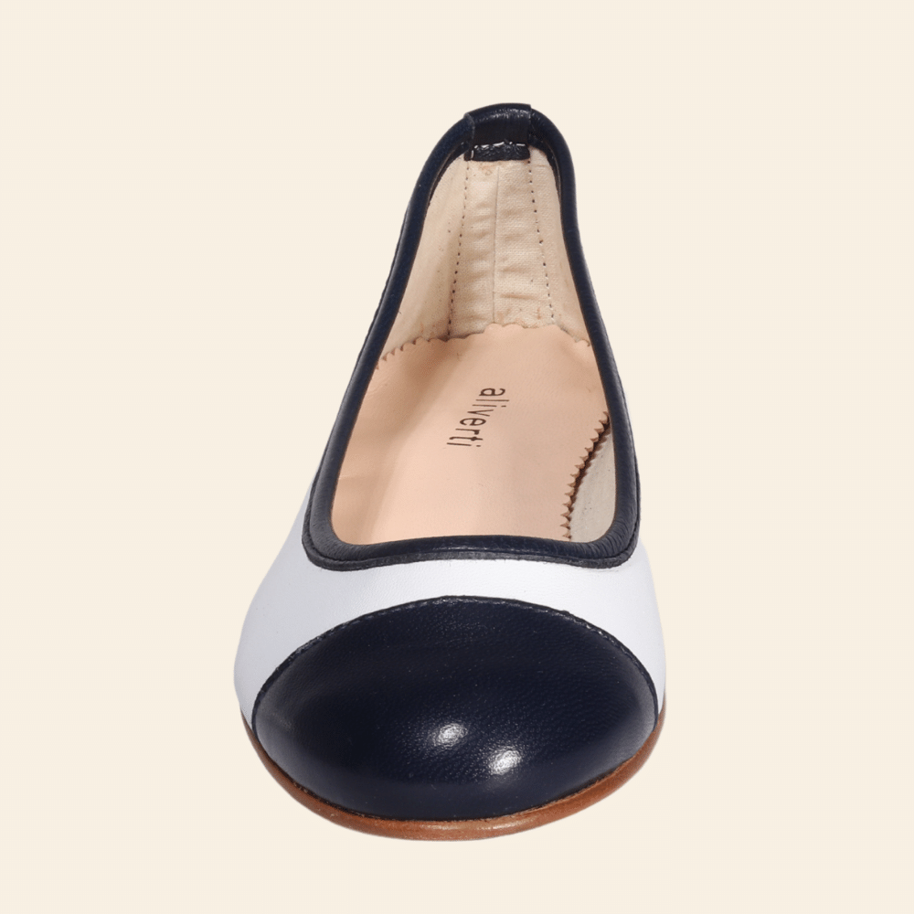 Ladies Italian Genuine Leather Classic Two-Tone Ballerina Pump in Bianco & Navy by Aliverti