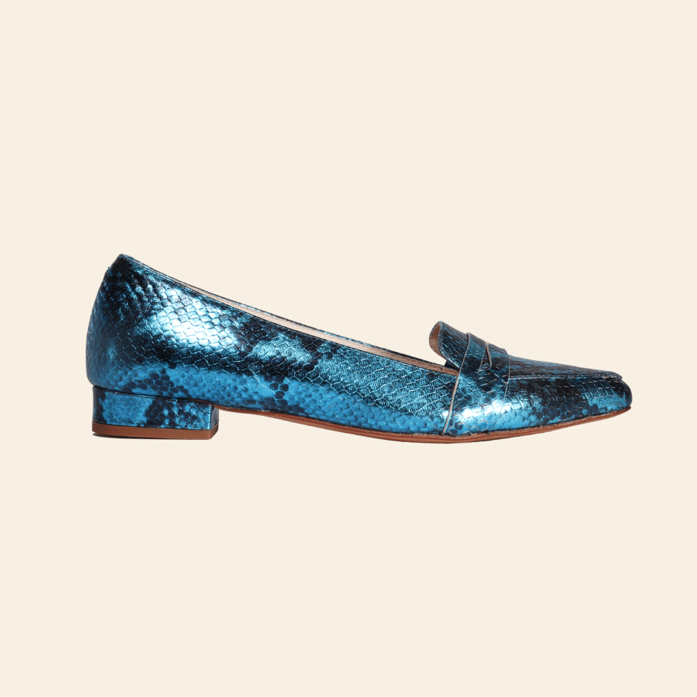 Ladies Italian Genuine Leather Pointed Moccasin in Blue by Aliverti