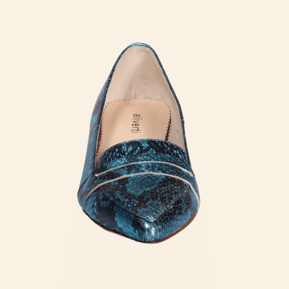 Ladies Italian Genuine Leather Pointed Moccasin in Blue by Aliverti