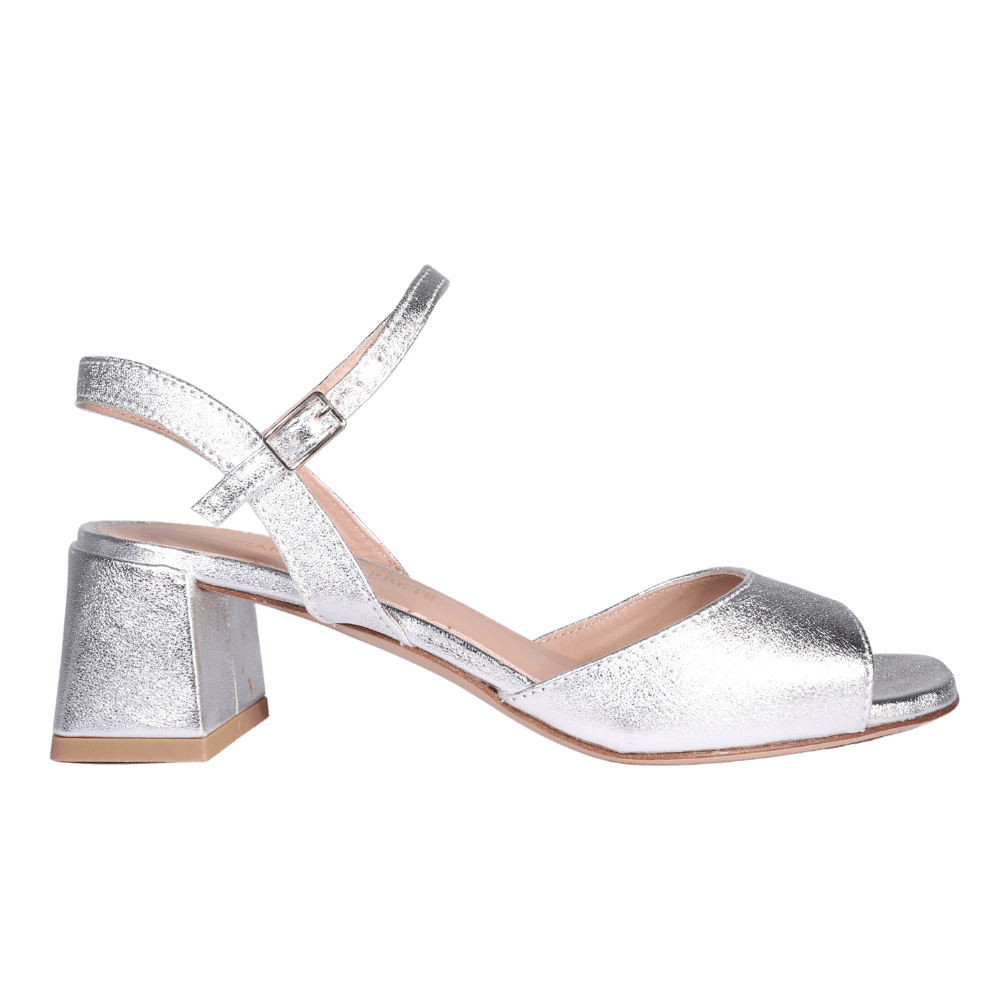 Ladies Italian Genuine Laminated Leather Classic Heel Sandal in Silver by Aliverti